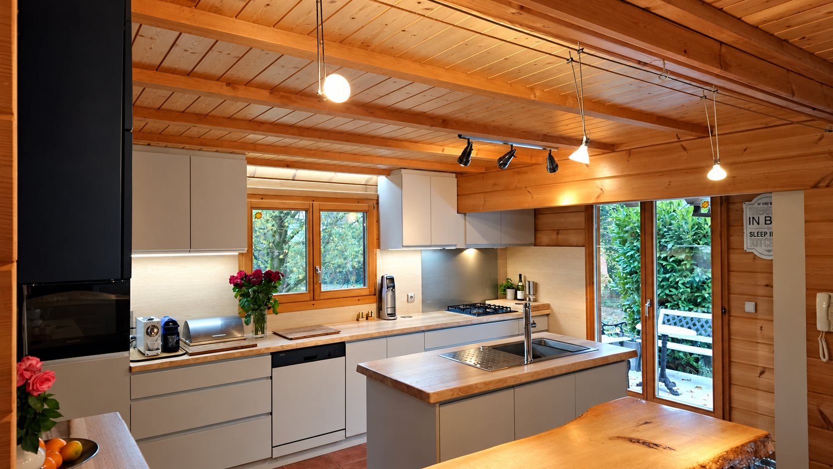 Cuisine sur mesure sous un plafond en bois, avec un îlot et un éclairage par spots