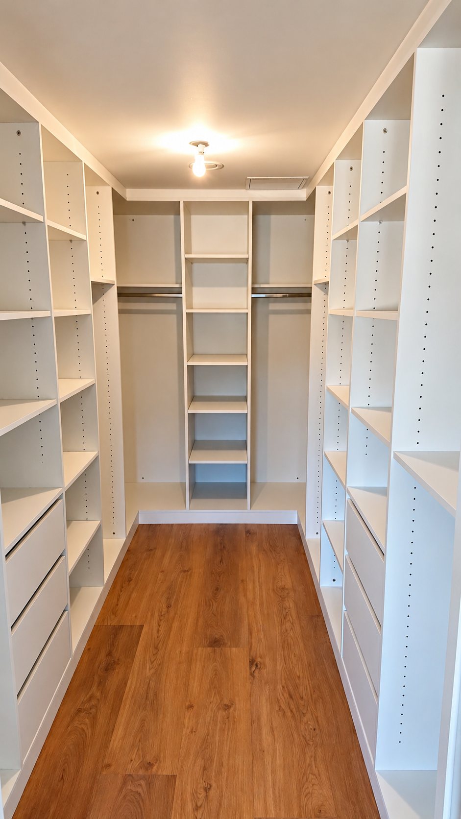 Un dressing en U aux étagères et tiroirs blancs, avec des barres de penderie et un parquet brun, éclairé par un plafonnier.