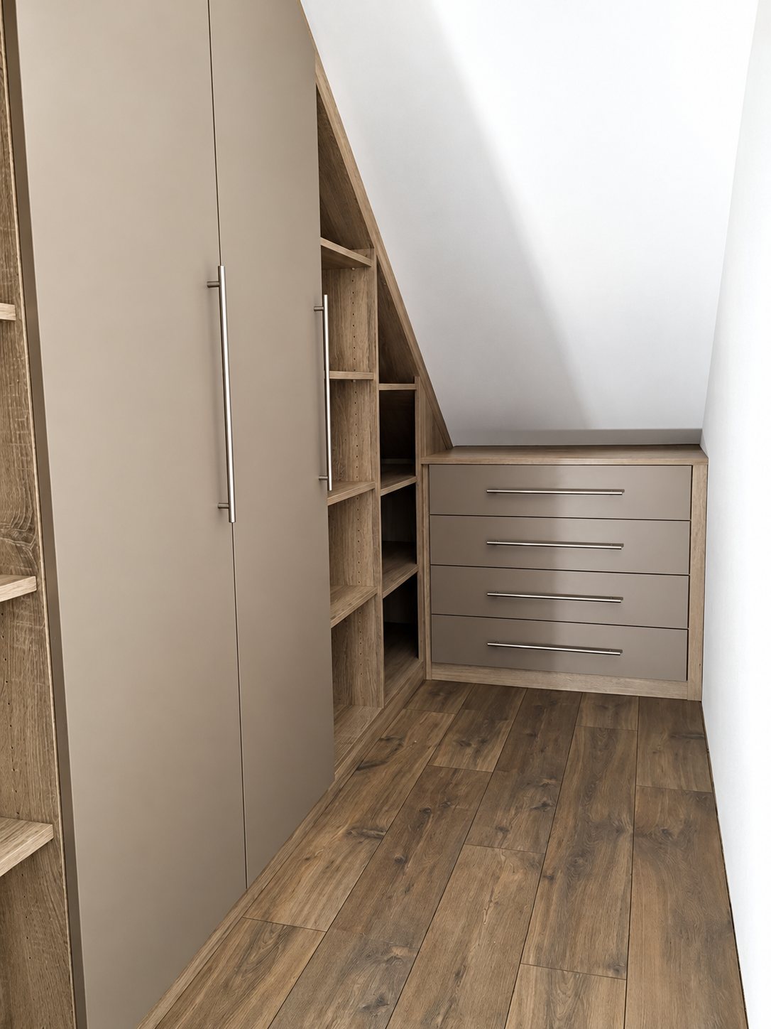 Dressing aménagé sous un plafond en pente, avec armoires beiges à poignées métalliques, étagères en bois et commode à quatre tiroirs sur un parquet foncé.