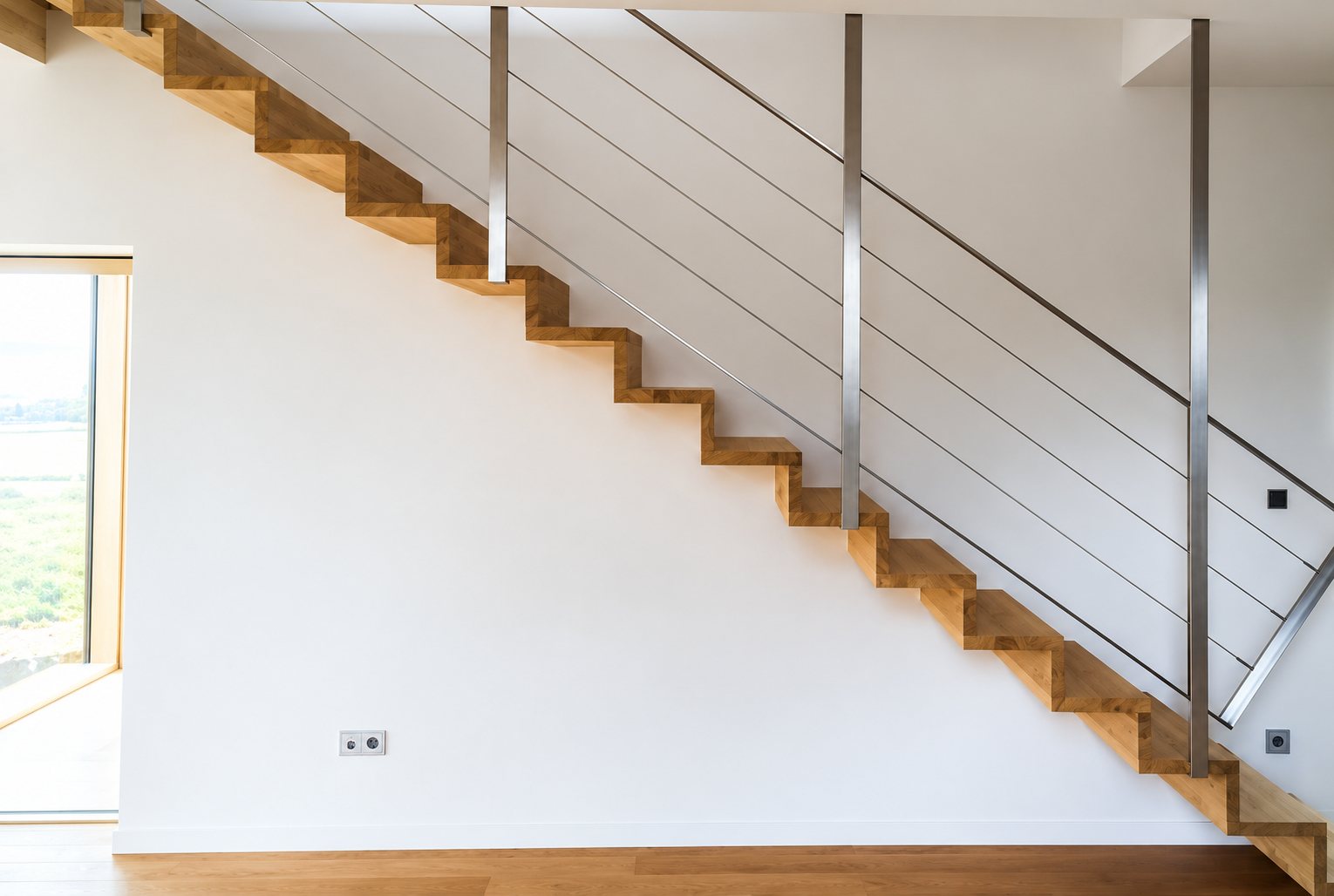 Escalier droit en bois massif à marches suspendues, équipé d'un garde-corps moderne à câbles tendus et montants en inox, dans une pièce aux murs blancs.