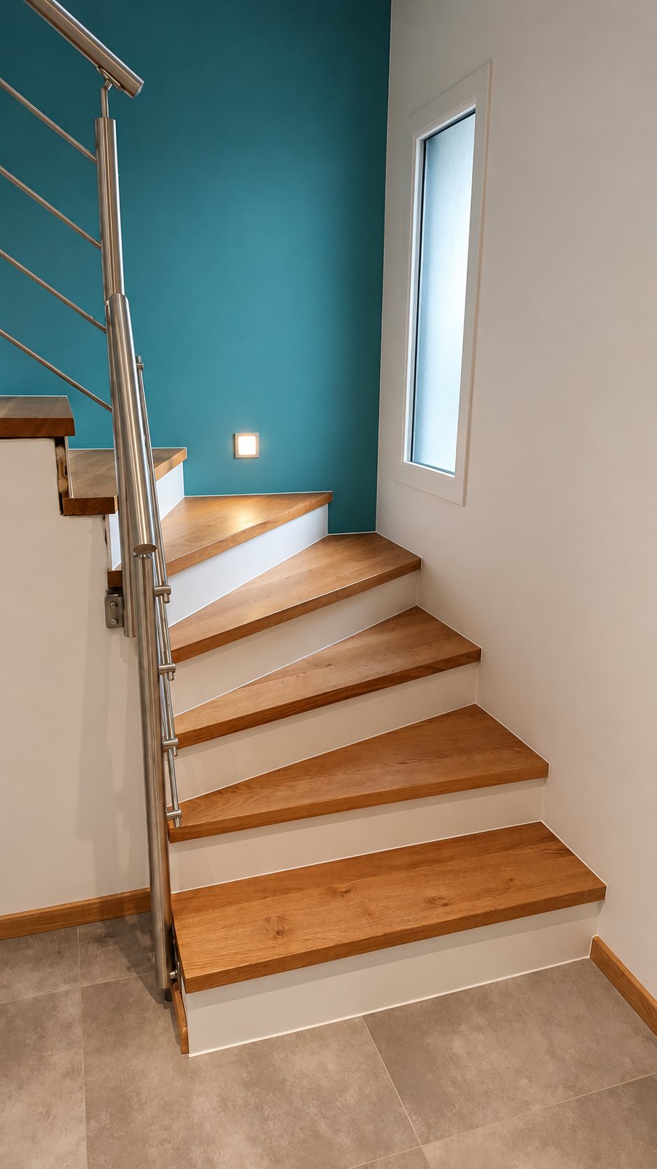 Escalier quart tournant à marches en bois et rampe inox contre un mur bleu