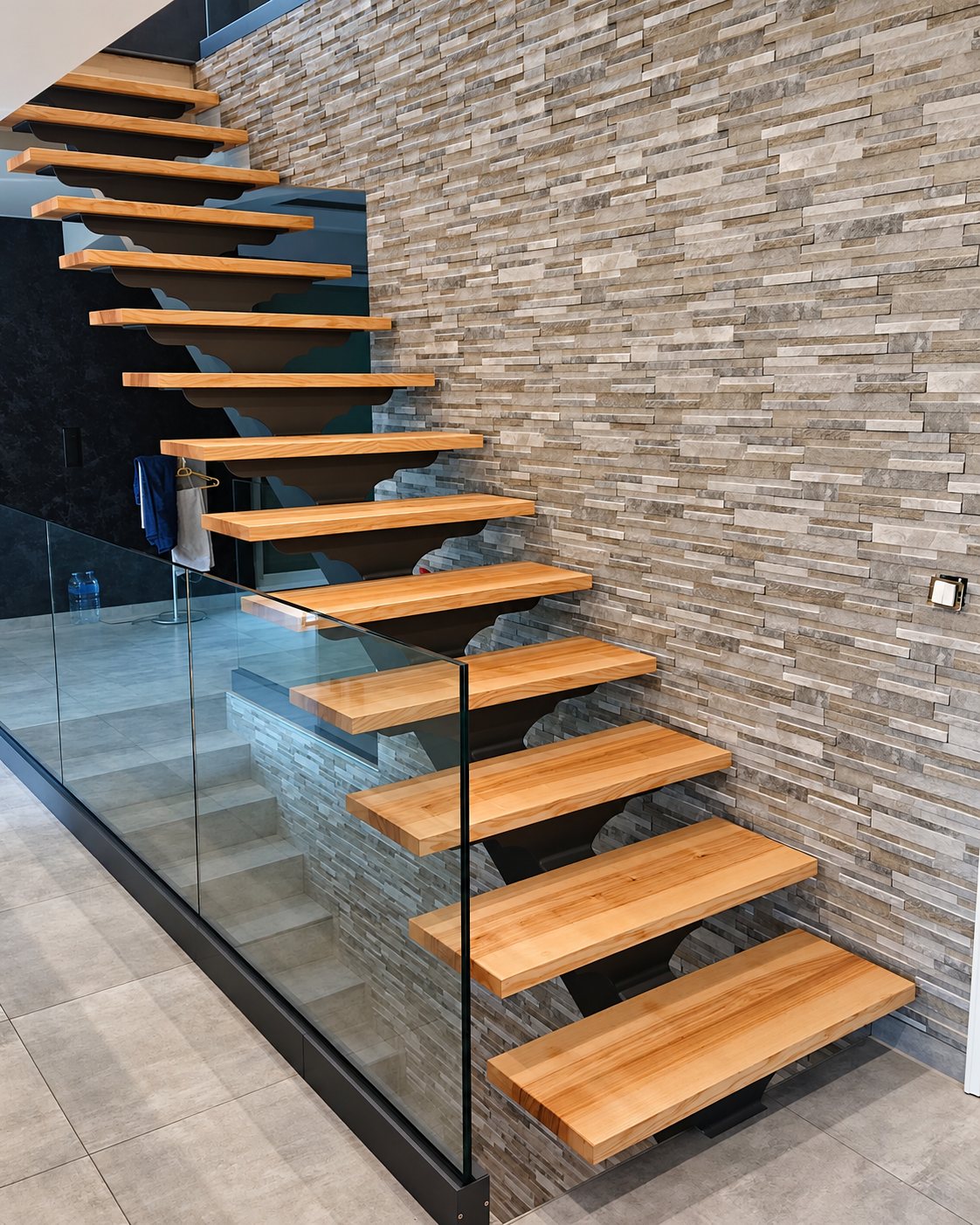 Escalier à marches en chêne contre un parement en pierre, avec garde-corps en verre