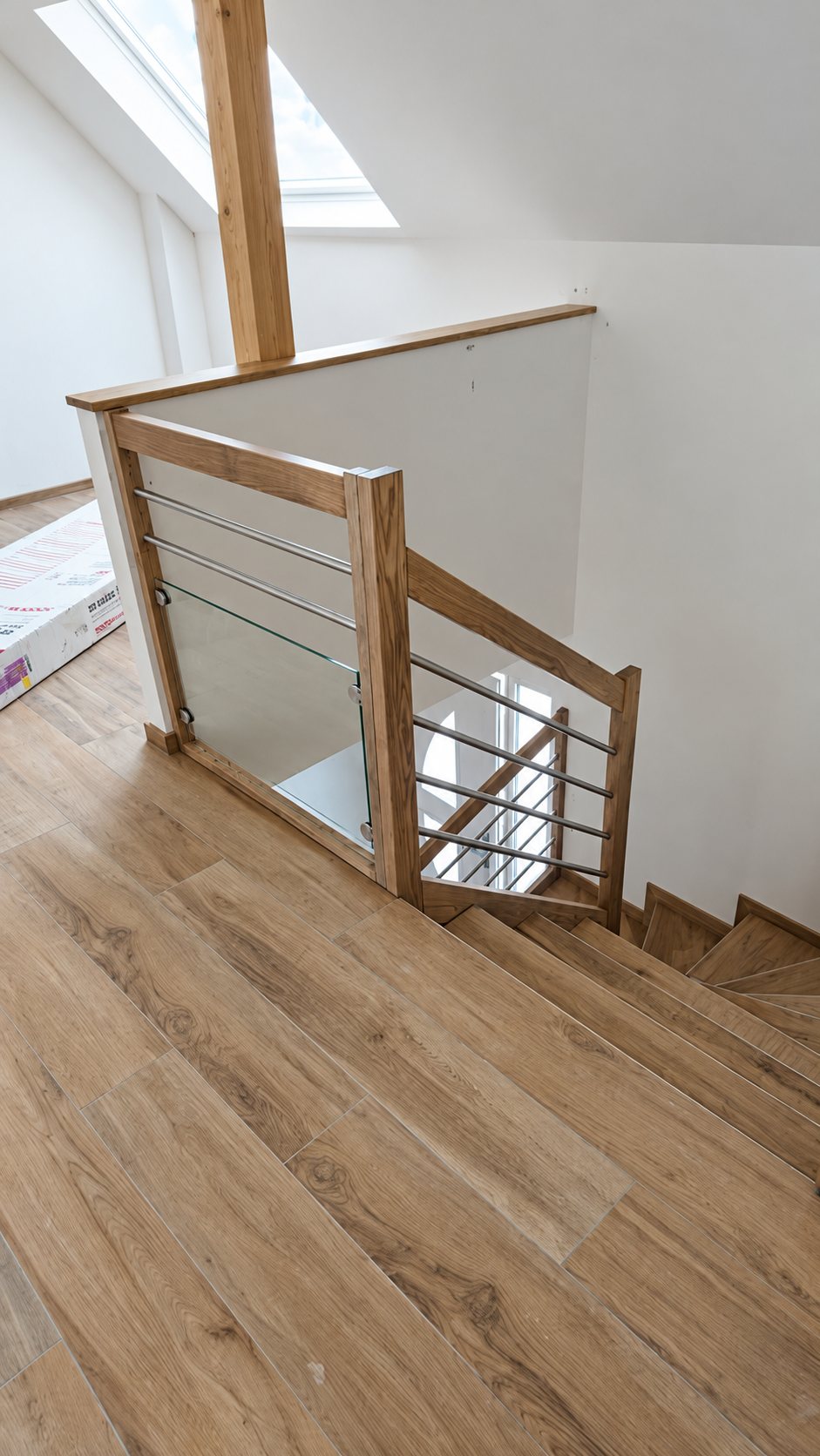 Escalier tournant en bois clair dans des combles, avec garde-corps en chêne, barres métalliques horizontales et panneau de verre.