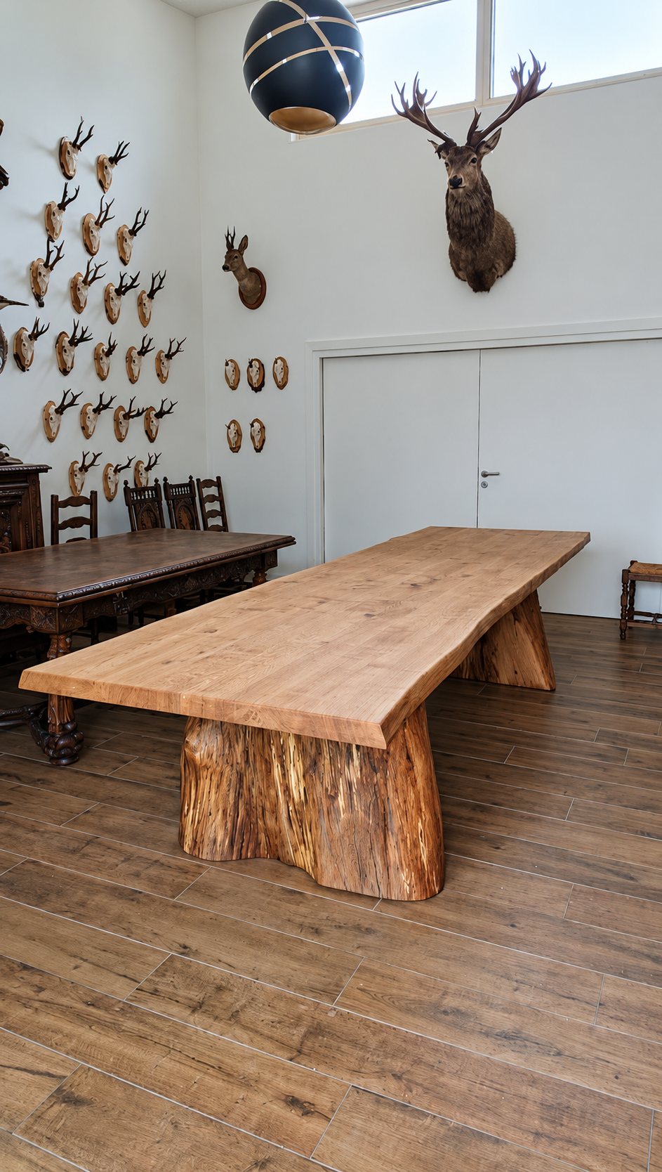 Longue table en bois massif sur un pied en tronc