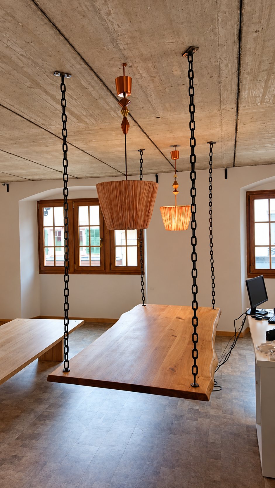 Table en bois massif suspendue par des chaînes, sous un plafond à poutres