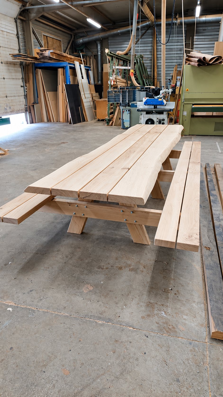 Table de pique-nique en bois avec bancs, dans l'atelier