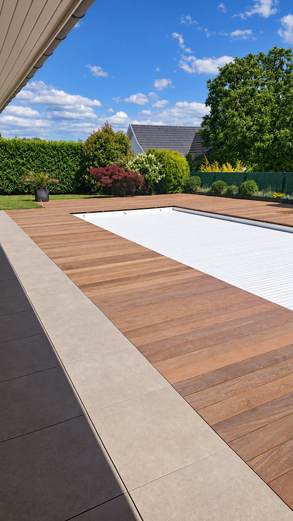 Terrasse en bois exotique au bord d'une piscine