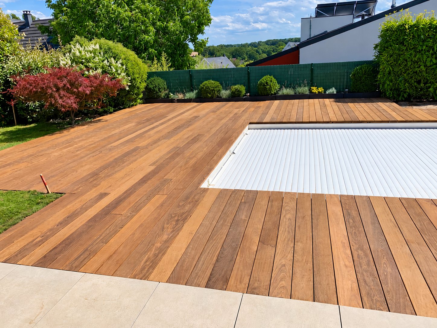 Grande terrasse en lames de bois exotique entourant une piscine fermée par un volet roulant blanc, dans un jardin avec haies et arbustes.