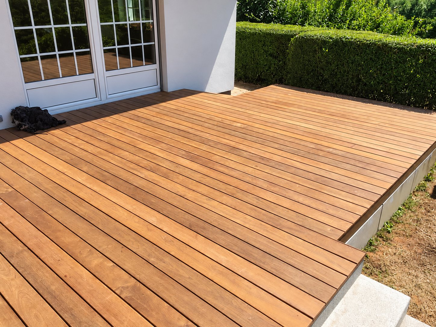 Terrasse en lames de bois exotique devant une baie vitrée